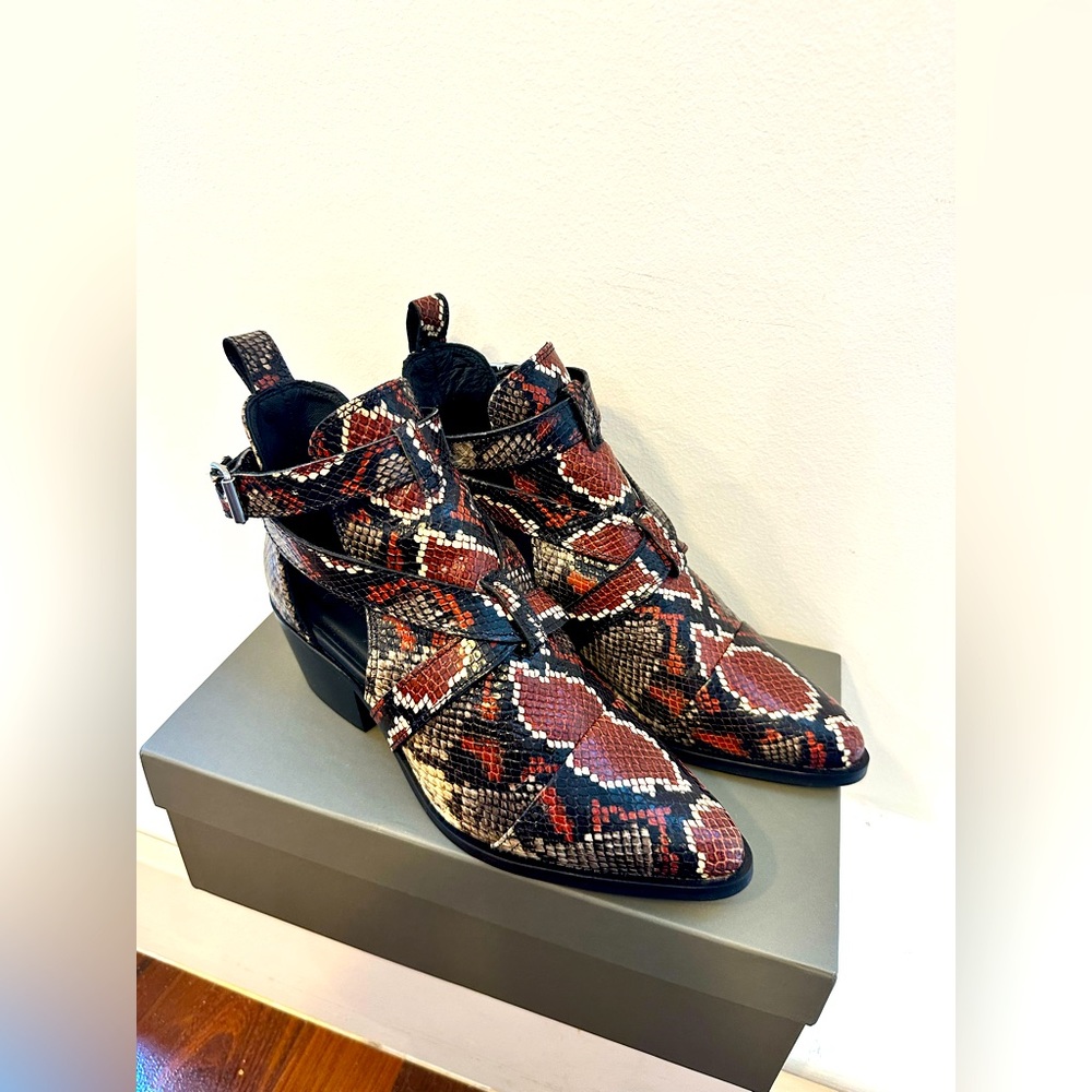 Allsaints | Darcy Red Leather Snake Print Pointed Toe Buckle Booties